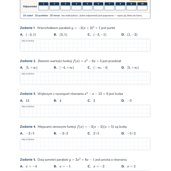 Funkcja kwadratowa — test, liceum klasa 2