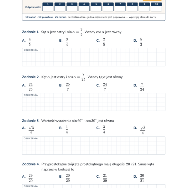Trygonometria — test, liceum klasa 2