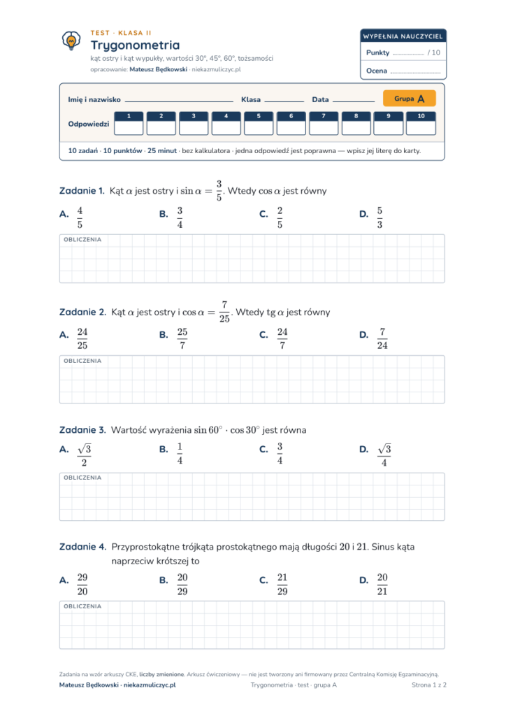 Pierwsza strona: Trygonometria — test, liceum klasa 2
