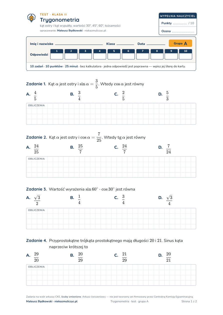 Trygonometria — test, liceum klasa 2 — pierwsza strona arkusza grupy A