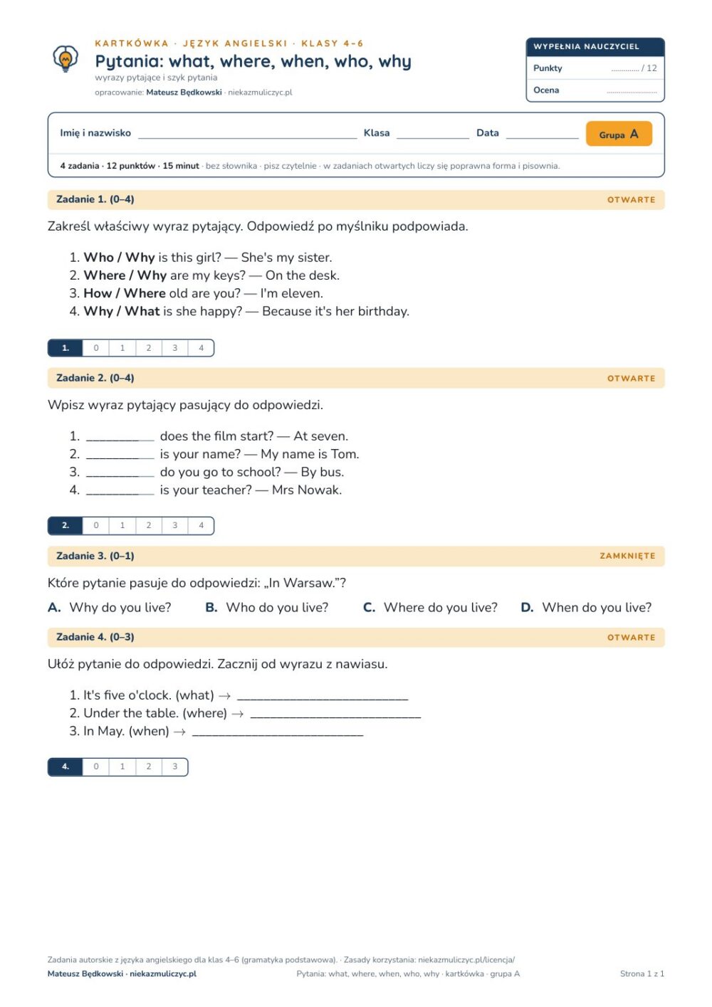 Pytania: what, where, when, who, why — kartkówka, angielski kl. 4–6 — pierwsza strona arkusza grupy A
