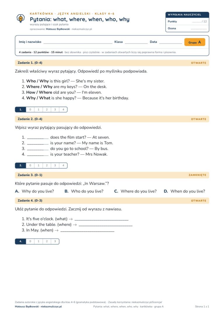 Pytania: what, where, when, who, why — kartkówka, angielski kl. 4–6 — pierwsza strona arkusza grupy A