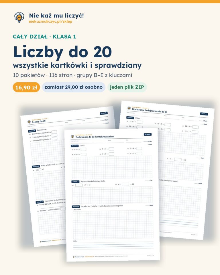 Liczby do 20 — cały dział, klasa 1 (5 pakietów) — pierwsza strona arkusza grupy A
