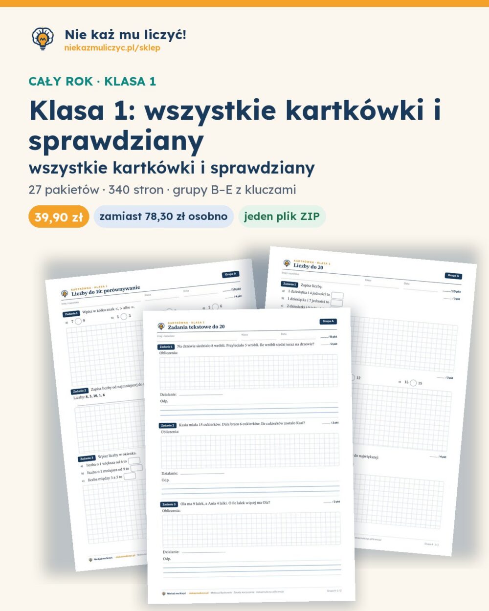 Klasa 1 — wszystkie kartkówki i sprawdziany (10 pakietów) — pierwsza strona arkusza grupy A