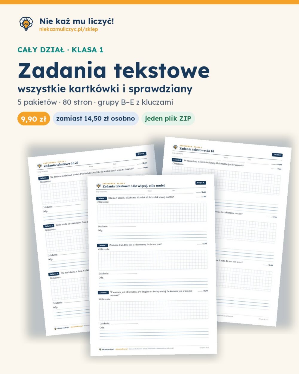 Zadania tekstowe — cały dział, klasa 1 (4 pakiety) — pierwsza strona arkusza grupy A