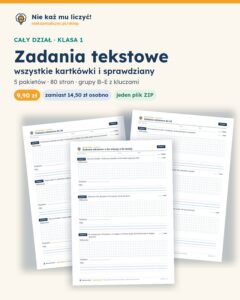 Zadania tekstowe — cały dział, klasa 1 (4 pakiety) — pierwsza strona arkusza grupy A