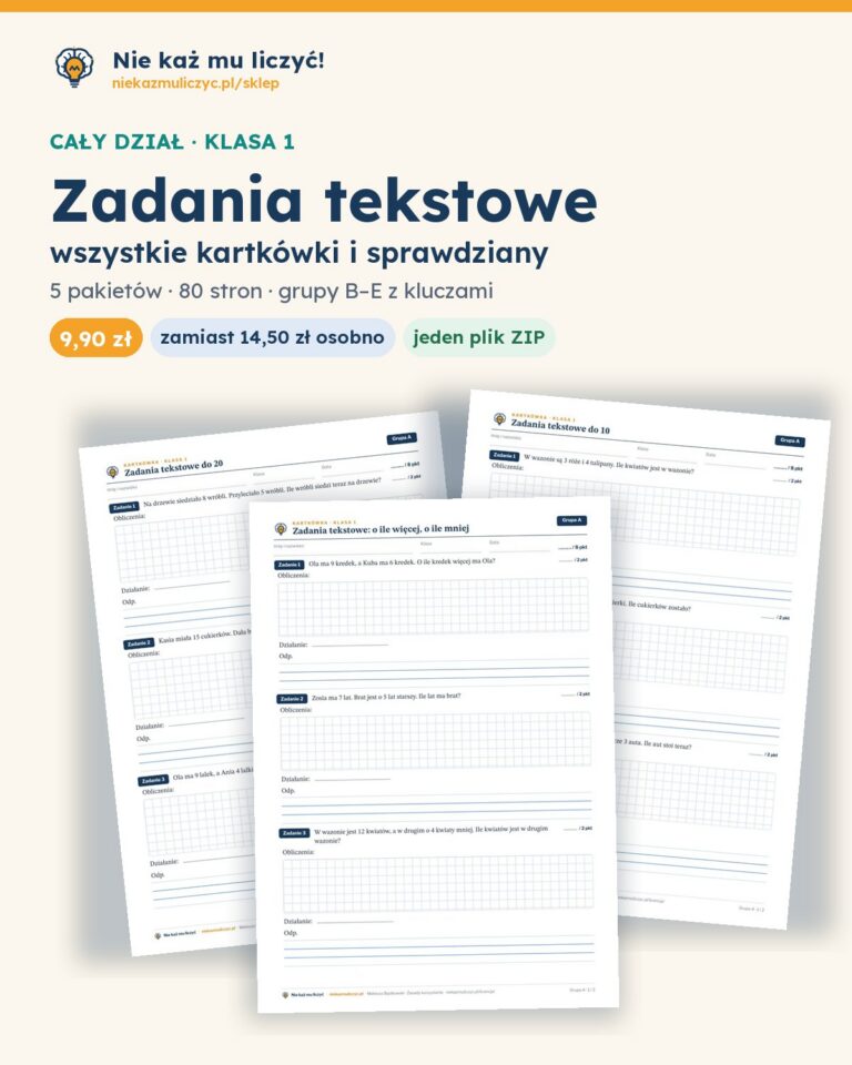 Zadania tekstowe — cały dział, klasa 1 (4 pakiety) — pierwsza strona arkusza grupy A