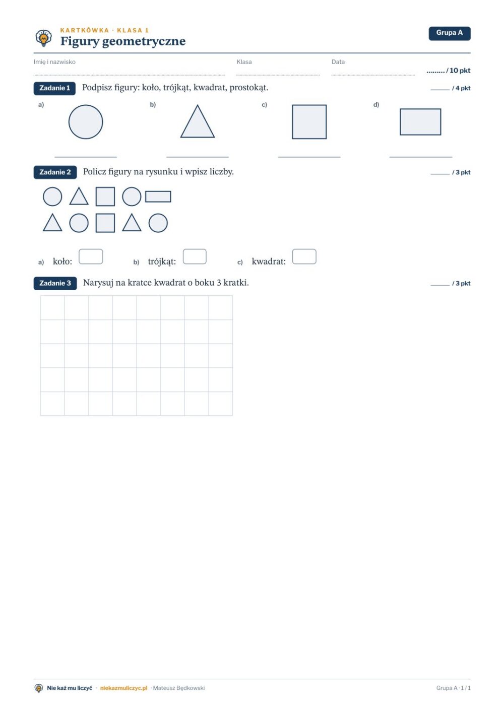 Figury geometryczne — kartkówka, klasa 1 — pierwsza strona arkusza grupy A