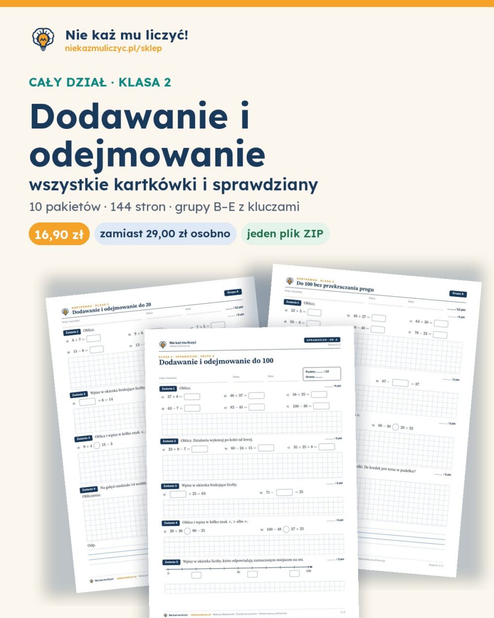 Dodawanie i odejmowanie — cały dział, klasa 2 (3 pakiety) — pierwsza strona arkusza grupy A