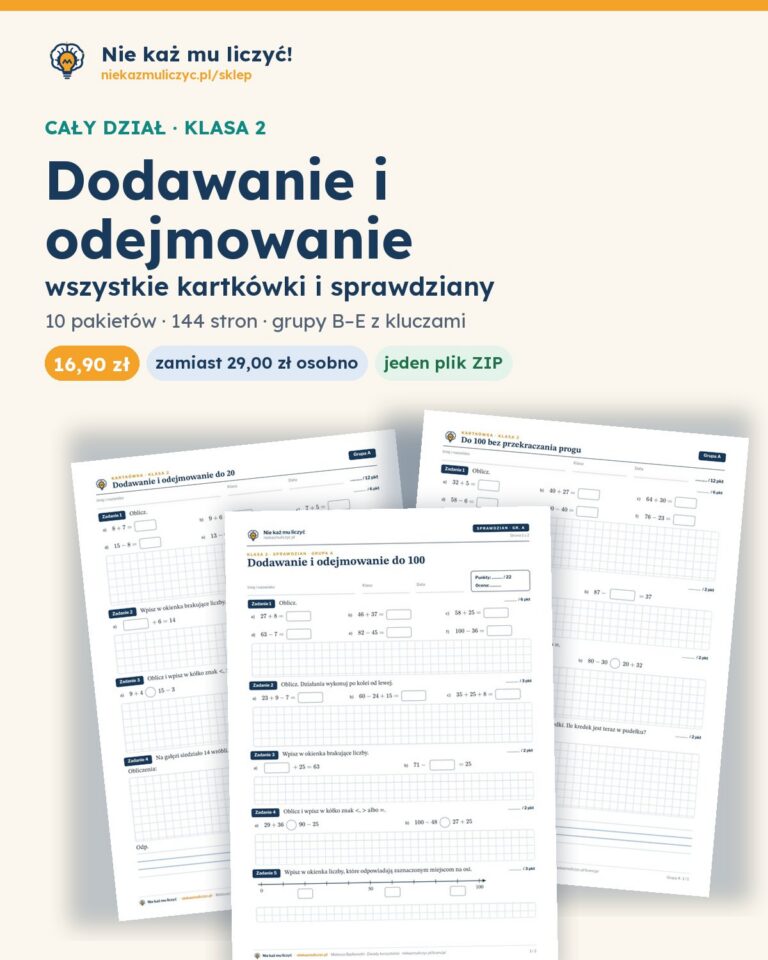 Dodawanie i odejmowanie — cały dział, klasa 2 (3 pakiety) — pierwsza strona arkusza grupy A