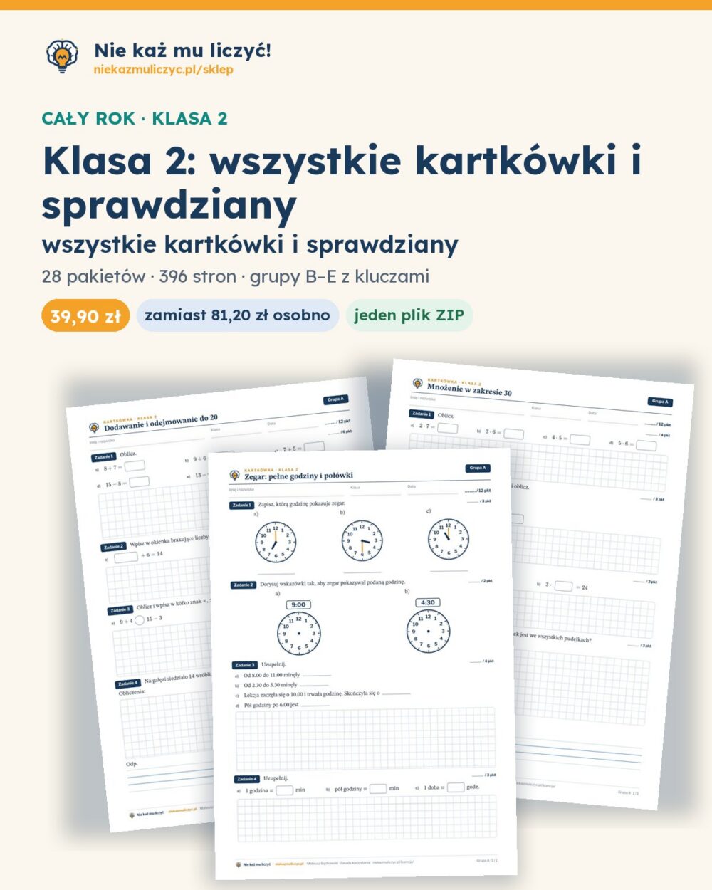 Klasa 2 — wszystkie kartkówki i sprawdziany (10 pakietów) — pierwsza strona arkusza grupy A