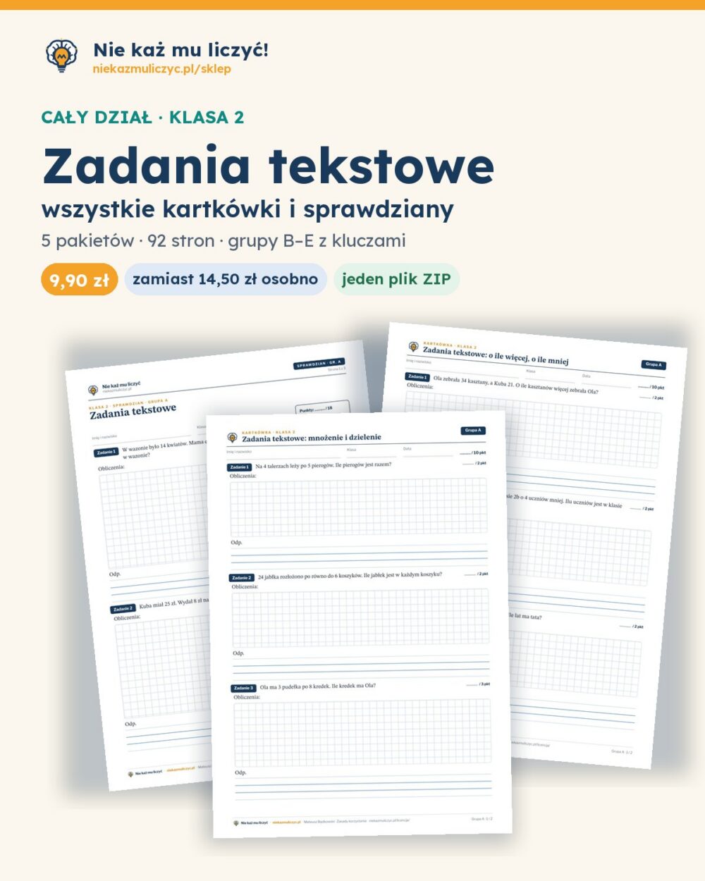 Zadania tekstowe — cały dział, klasa 2 (3 pakiety) — pierwsza strona arkusza grupy A