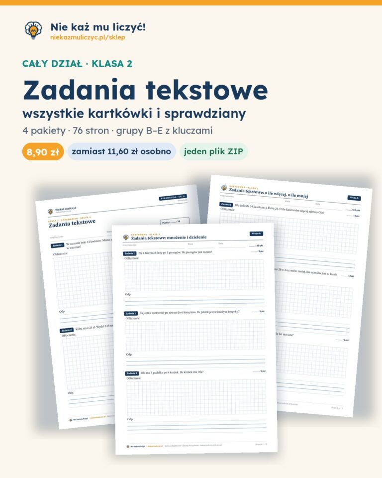 Zadania tekstowe — cały dział, klasa 2 (3 pakiety) — pierwsza strona arkusza grupy A