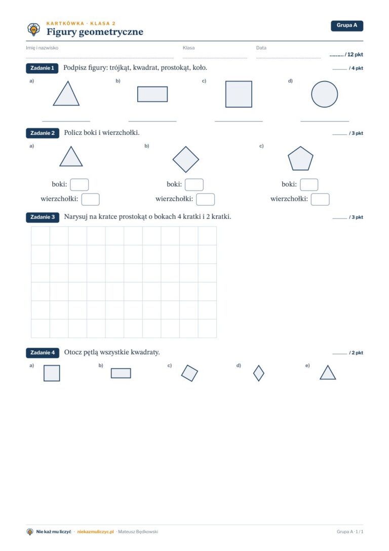 Figury geometryczne — kartkówka, klasa 2 — pierwsza strona arkusza grupy A
