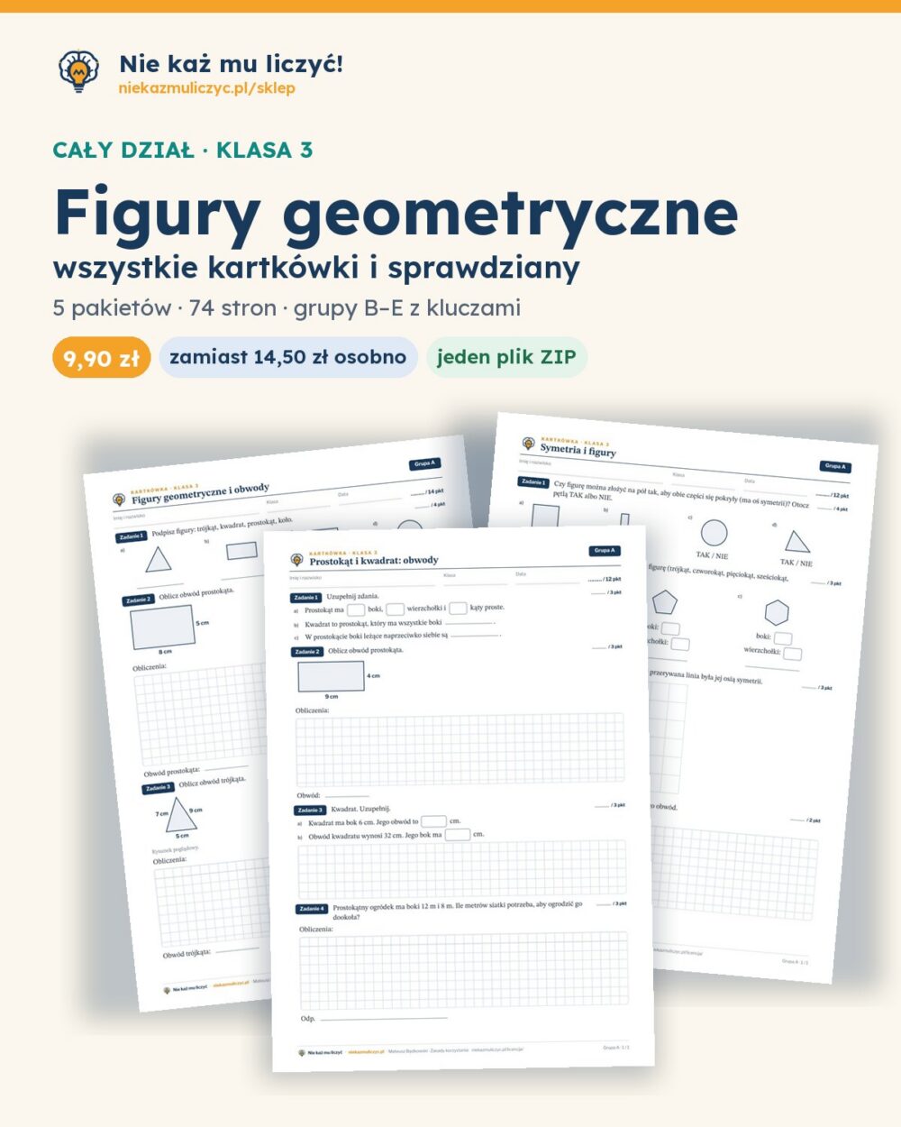 Figury geometryczne — cały dział, klasa 3 (3 pakiety) — pierwsza strona arkusza grupy A