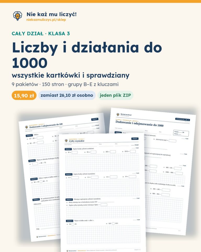 Liczby i działania do 1000 — cały dział, klasa 3 (6 pakietów) — pierwsza strona arkusza grupy A