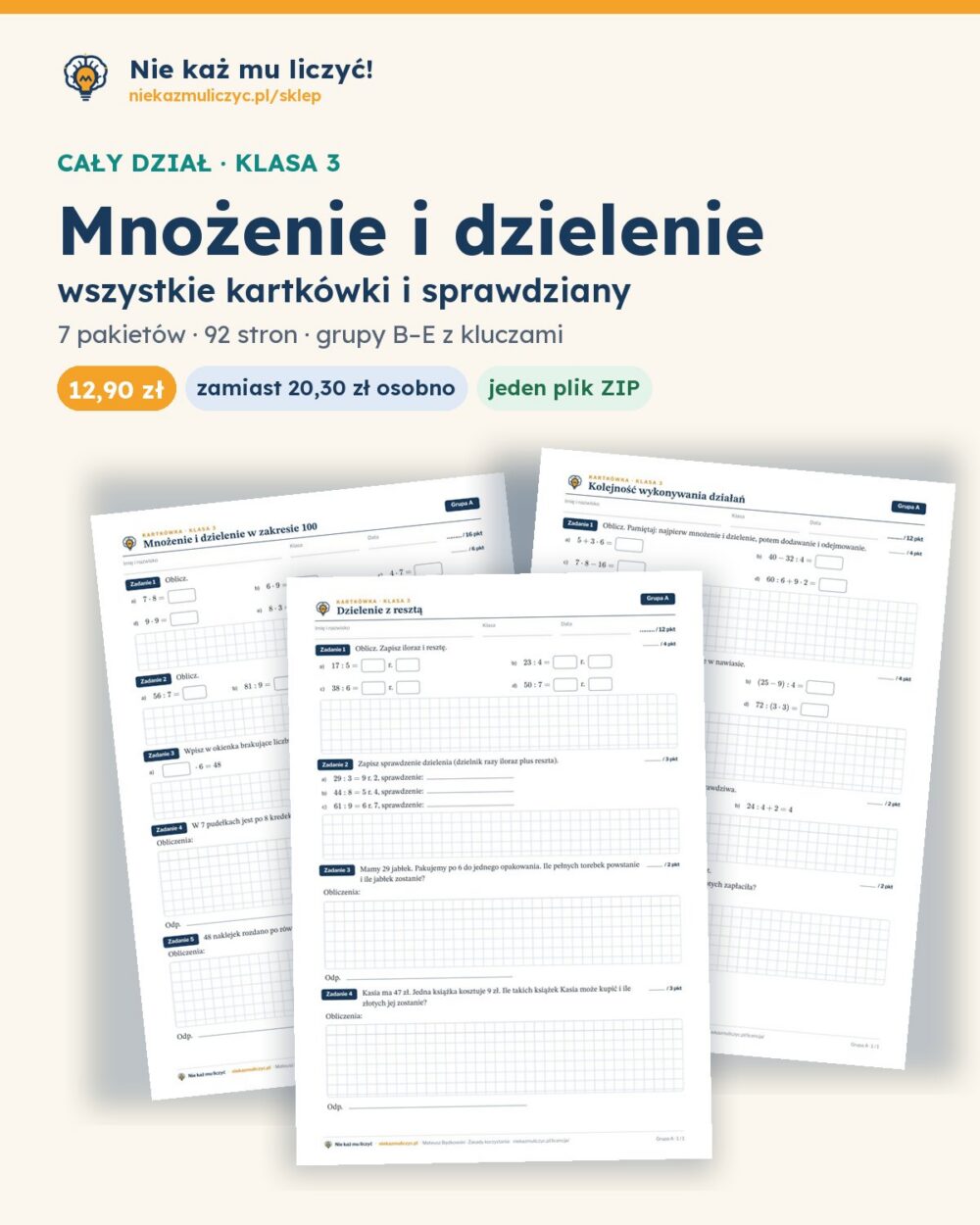 Mnożenie i dzielenie — cały dział, klasa 3 (5 pakietów) — pierwsza strona arkusza grupy A