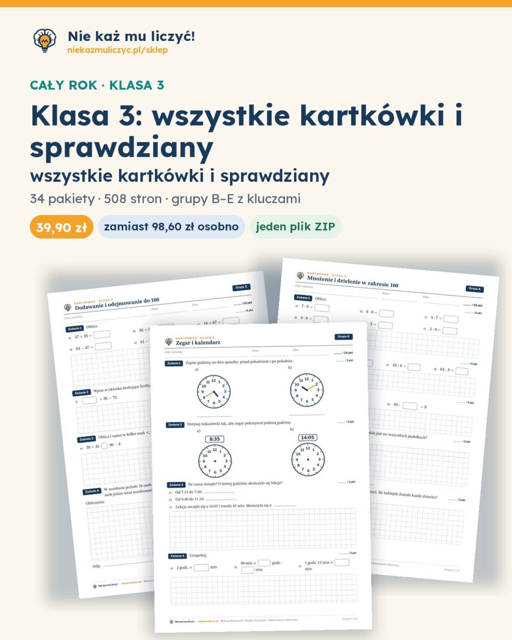 Klasa 3 — wszystkie kartkówki i sprawdziany (22 pakiety) — pierwsza strona arkusza grupy A