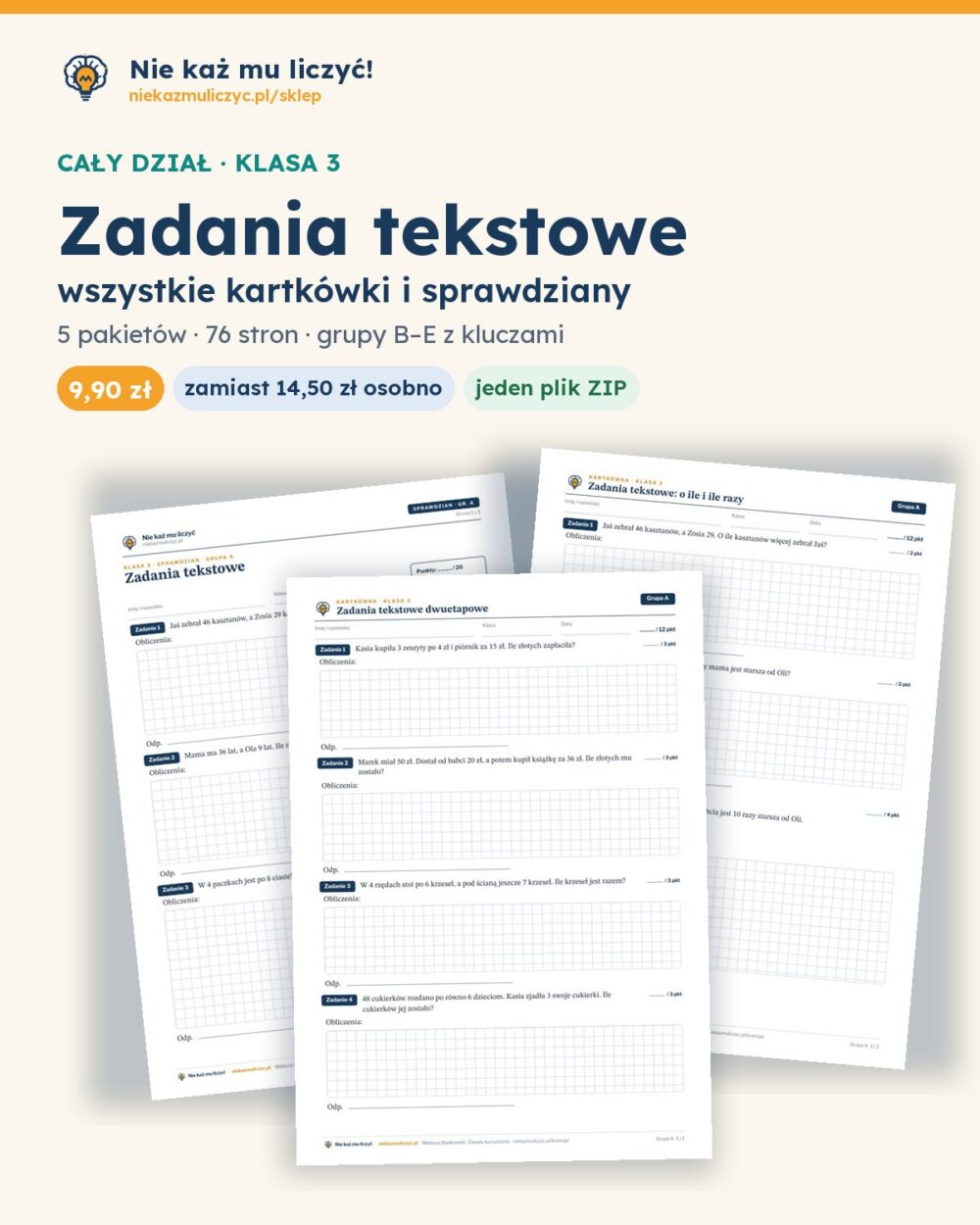 Zadania tekstowe — cały dział, klasa 3 (3 pakiety) — pierwsza strona arkusza grupy A