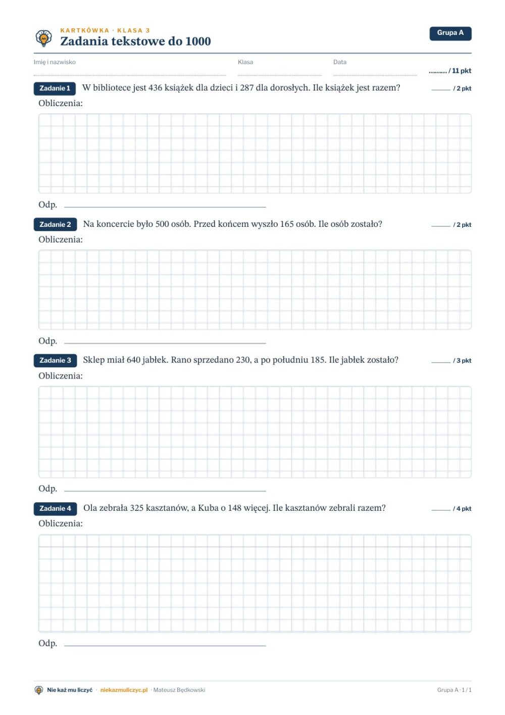 Zadania tekstowe do 1000 — kartkówka, klasa 3 — pierwsza strona arkusza grupy A