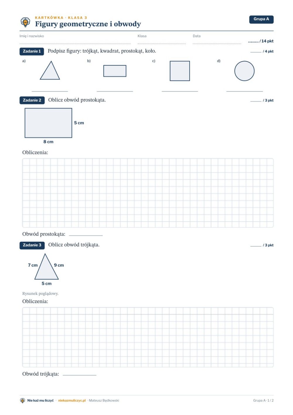 Figury geometryczne i obwody — kartkówka, klasa 3 — pierwsza strona arkusza grupy A