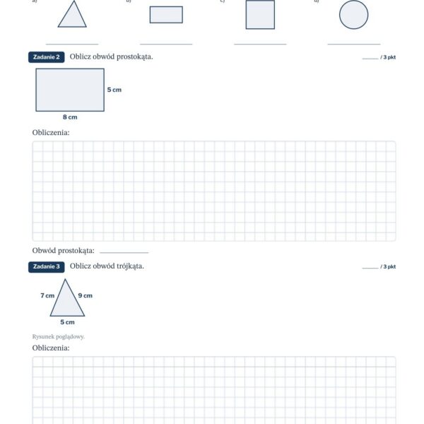 Figury geometryczne i obwody — kartkówka, klasa 3