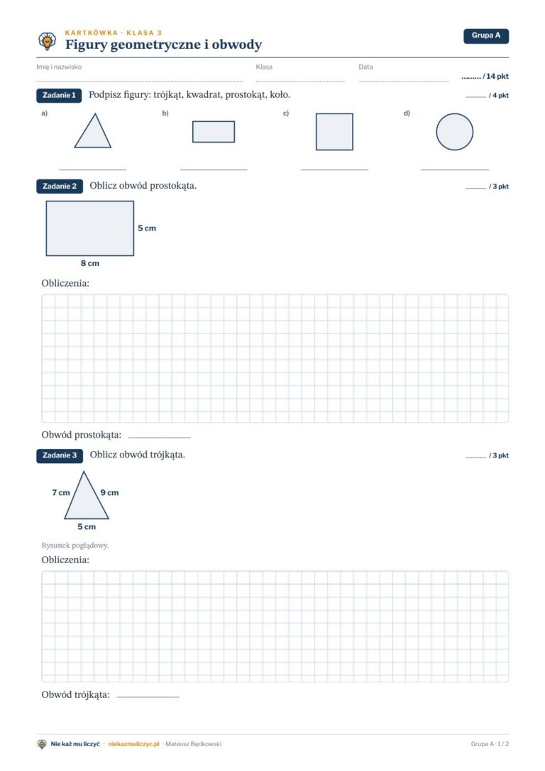 Figury geometryczne i obwody — kartkówka, klasa 3 — pierwsza strona arkusza grupy A