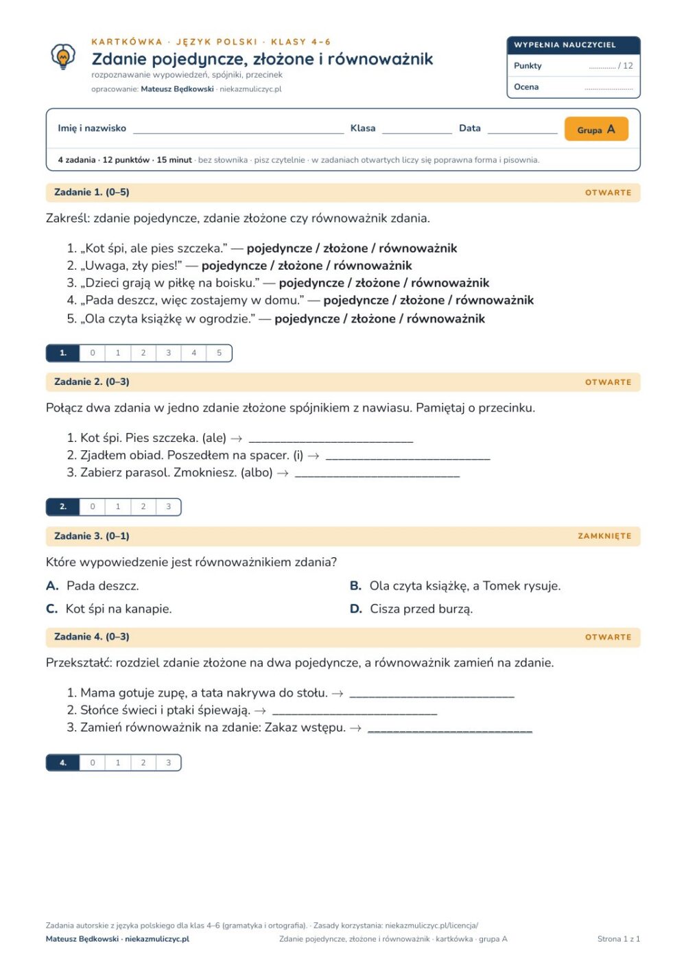 Zdanie pojedyncze, złożone i równoważnik — kartkówka, polski kl. 4–6 — pierwsza strona arkusza grupy A