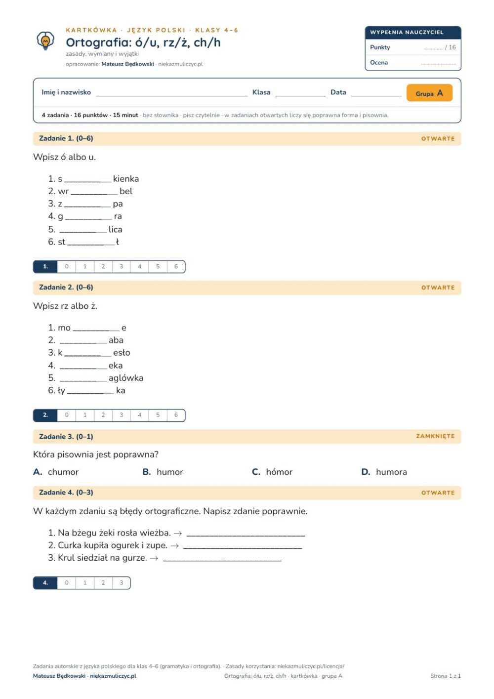 Ortografia: ó/u, rz/ż, ch/h — kartkówka, polski kl. 4–6 — pierwsza strona arkusza grupy A