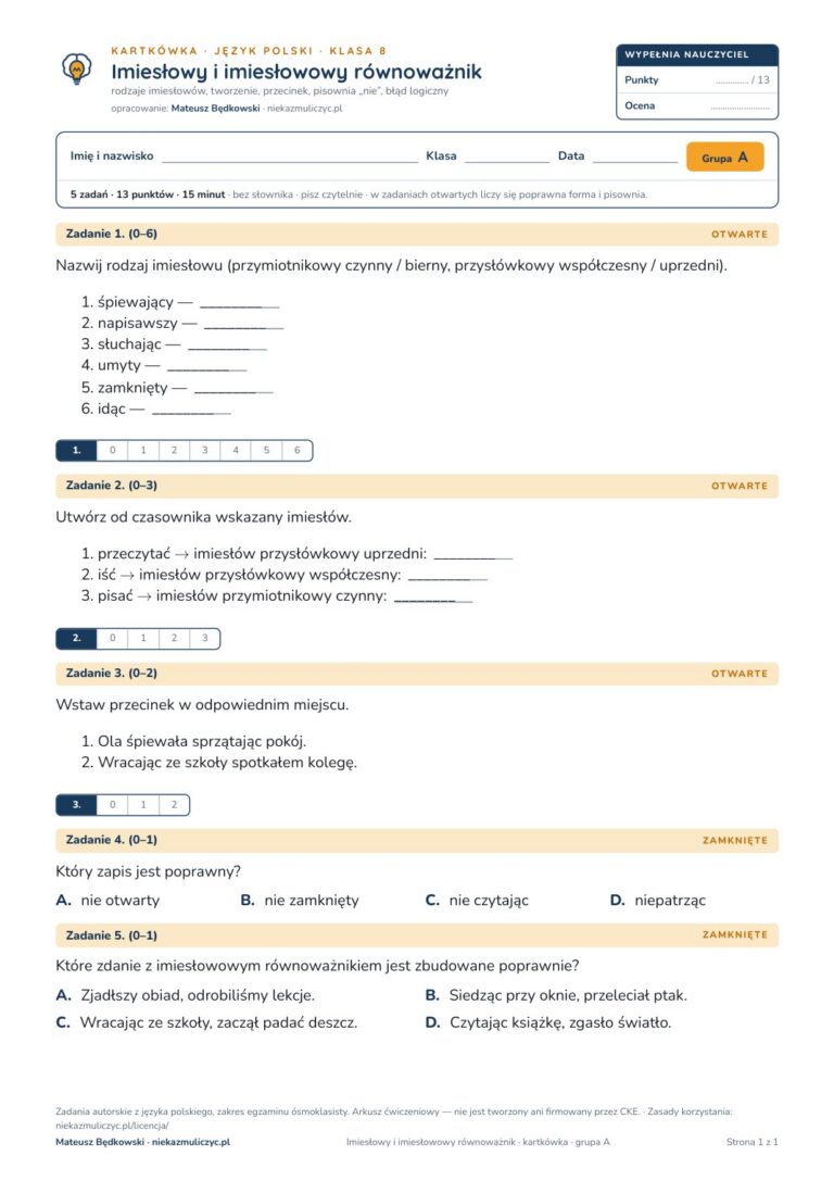 Imiesłowy i imiesłowowy równoważnik — kartkówka, polski kl. 8 — pierwsza strona arkusza grupy A