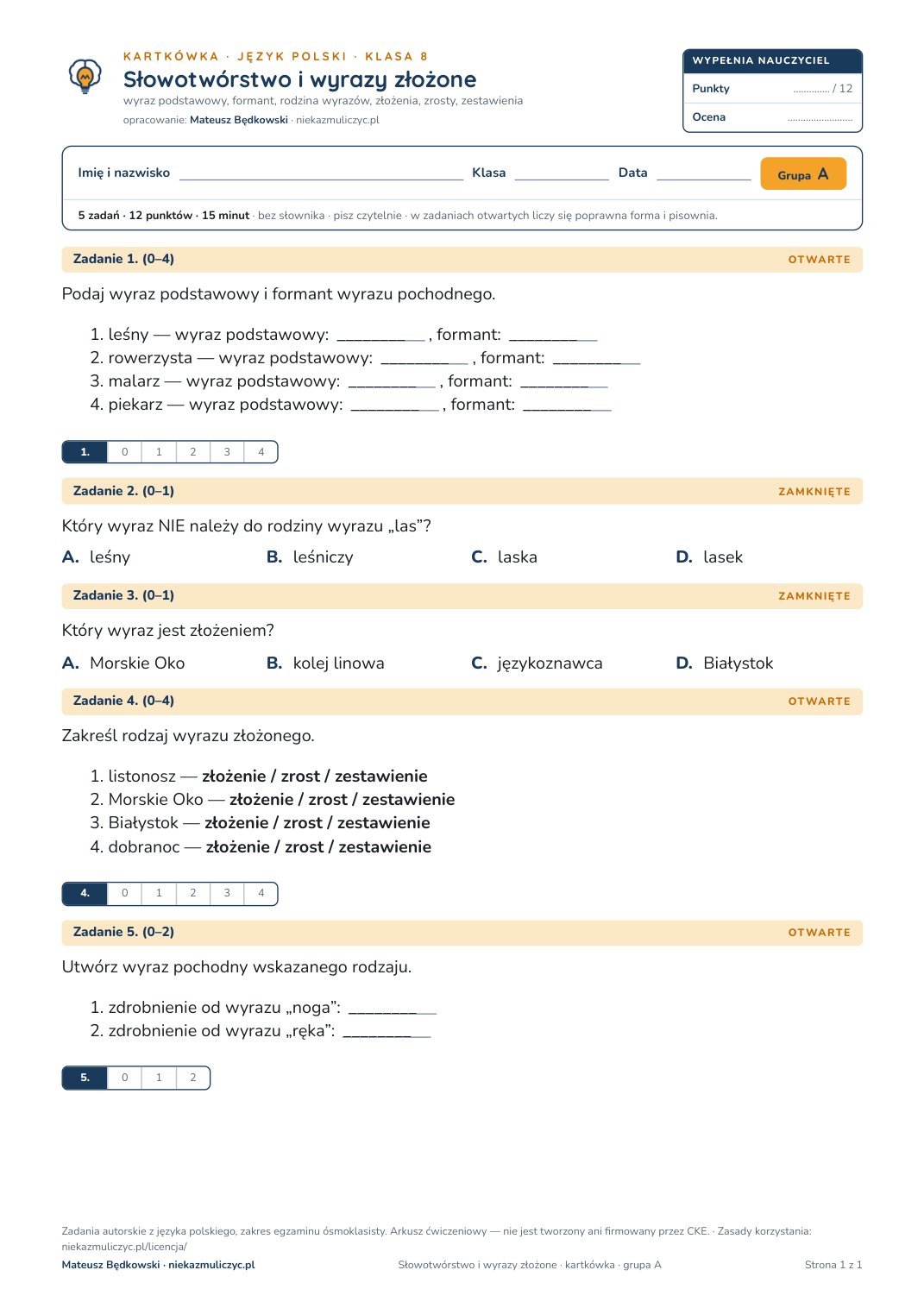 Okładka: Słowotwórstwo i wyrazy złożone — kartkówka, polski kl. 8
