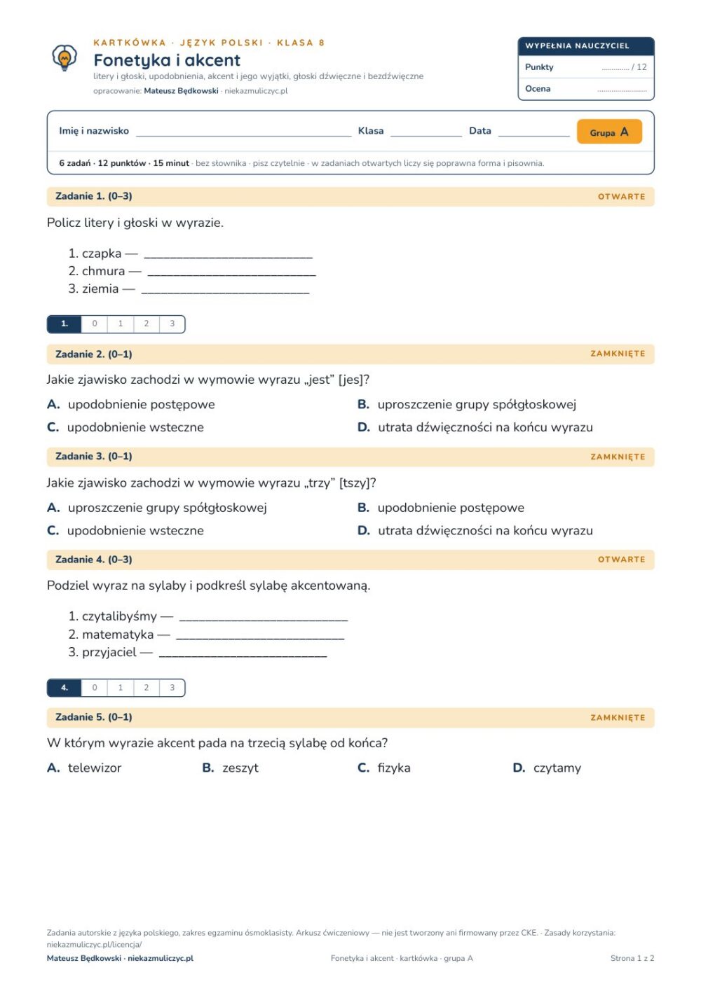 Fonetyka i akcent — kartkówka, polski kl. 8 — pierwsza strona arkusza grupy A