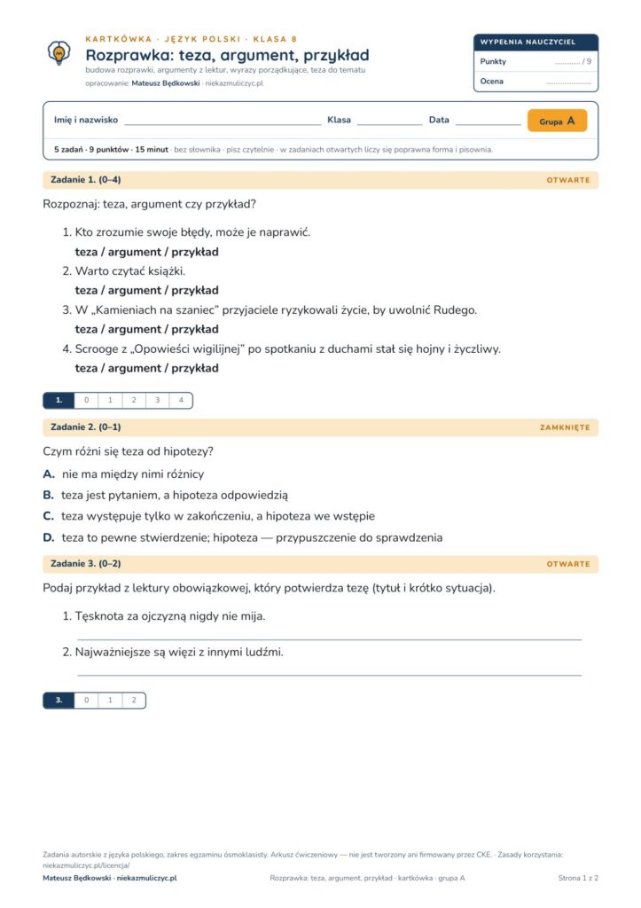 Pierwsza strona: Rozprawka: teza, argument, przykład — kartkówka, polski kl. 8