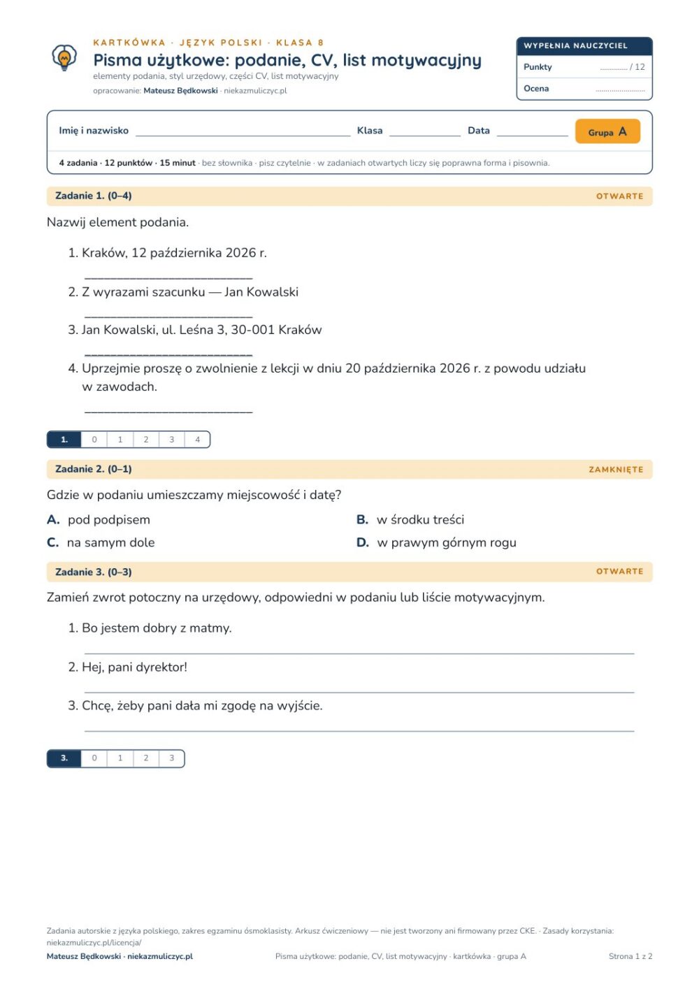 Pisma użytkowe: podanie, CV, list motywacyjny — kartkówka, kl. 8 — pierwsza strona arkusza grupy A
