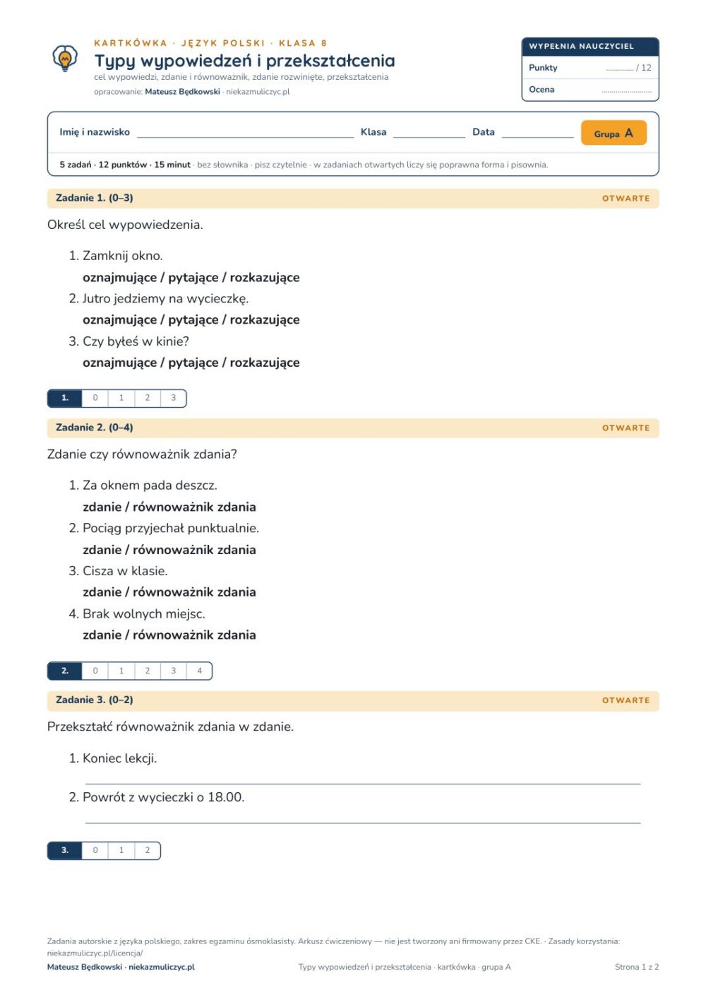 Typy wypowiedzeń i przekształcenia — kartkówka, polski kl. 8 — pierwsza strona arkusza grupy A