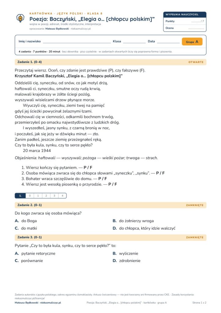 Pierwsza strona: Poezja: Baczyński, „Elegia o… [chłopcu polskim]” — kartkówka, kl. 8