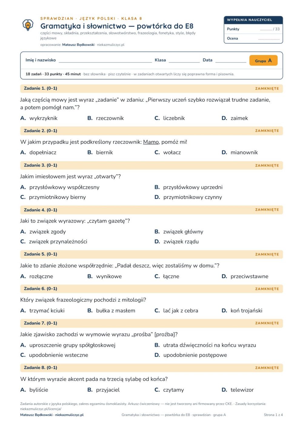 Gramatyka i słownictwo — powtórka do E8 — sprawdzian, polski kl. 8 — pierwsza strona arkusza grupy A