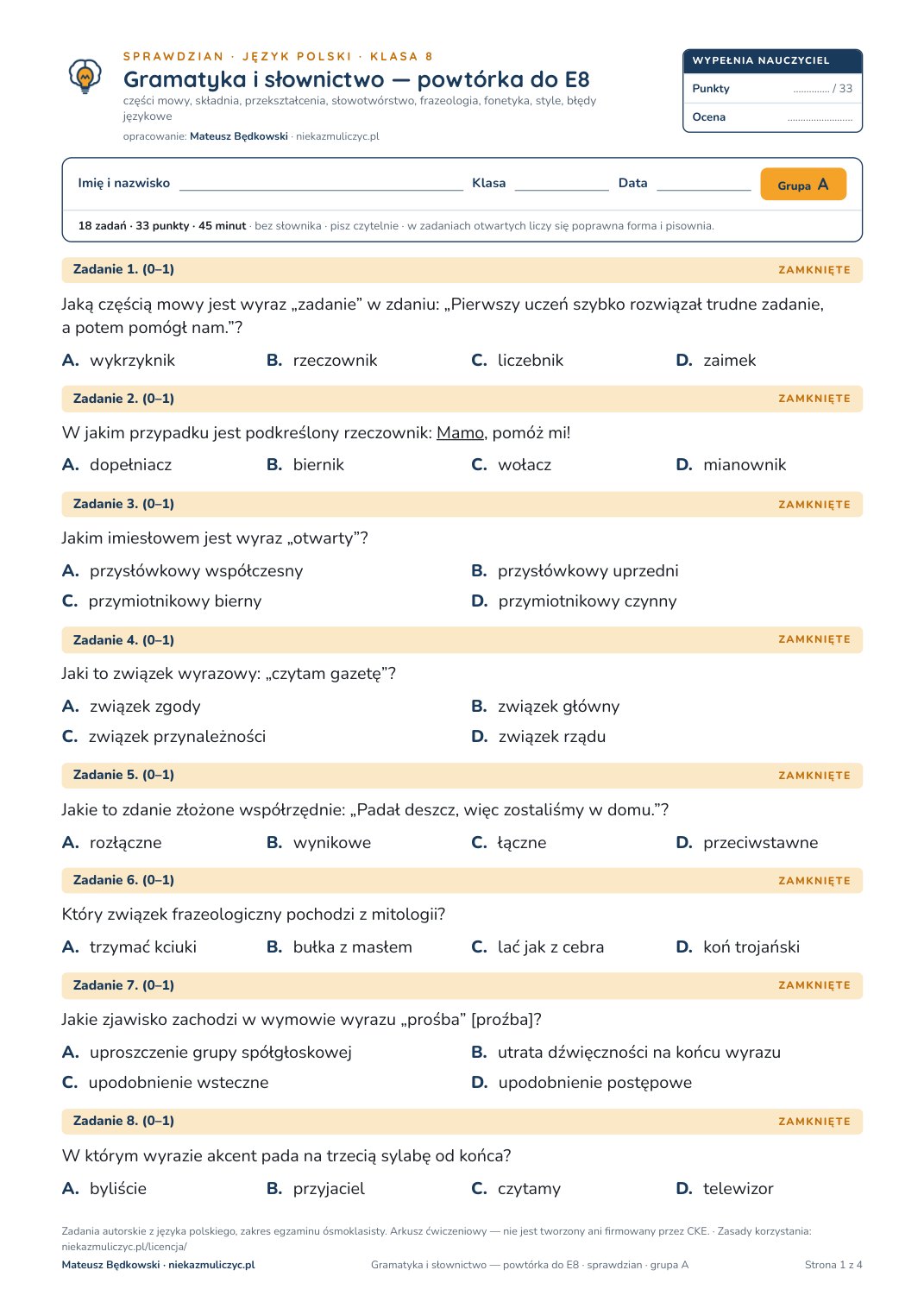 Okładka: Gramatyka i słownictwo, powtórka do E8 — sprawdzian, polski kl. 8