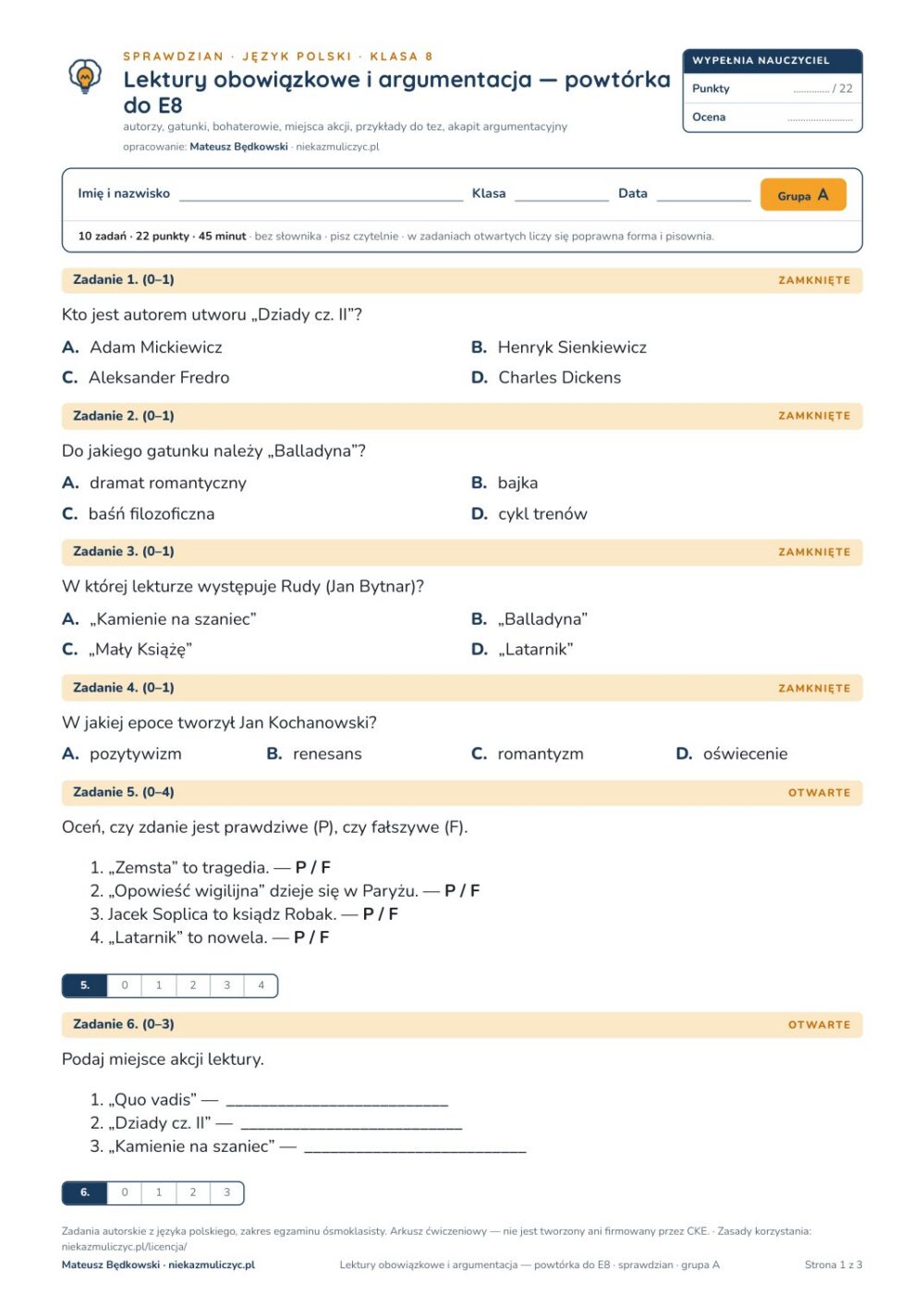 Lektury obowiązkowe i argumentacja — powtórka do E8 — polski kl. 8 — pierwsza strona arkusza grupy A