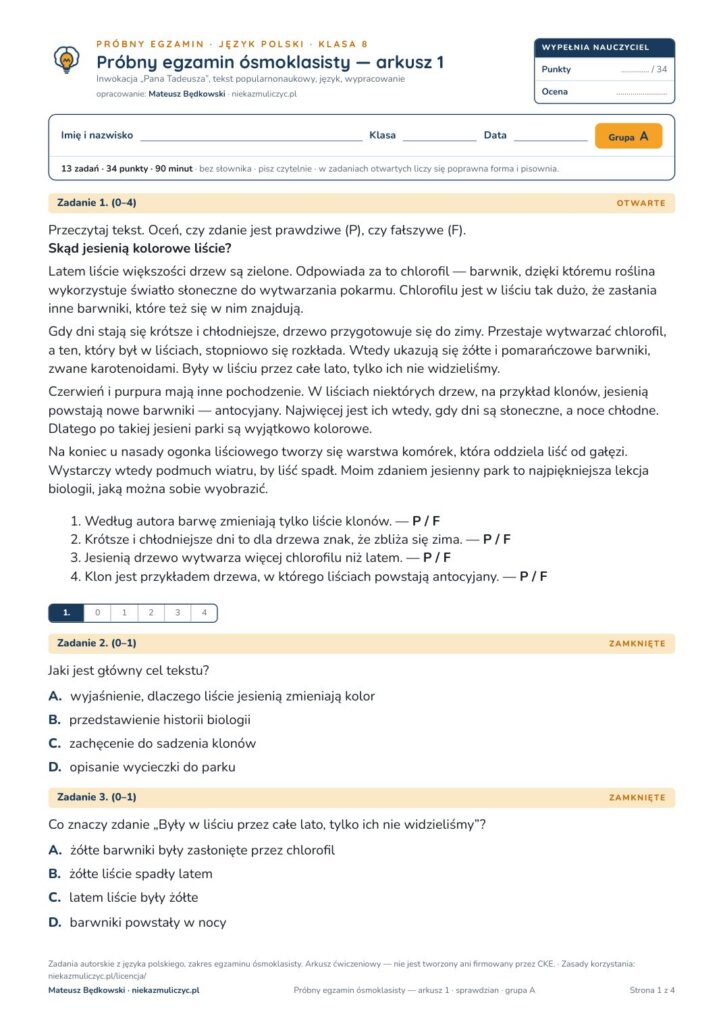 Pierwsza strona: Próbny egzamin ósmoklasisty — arkusz 1 — sprawdzian, polski kl. 8