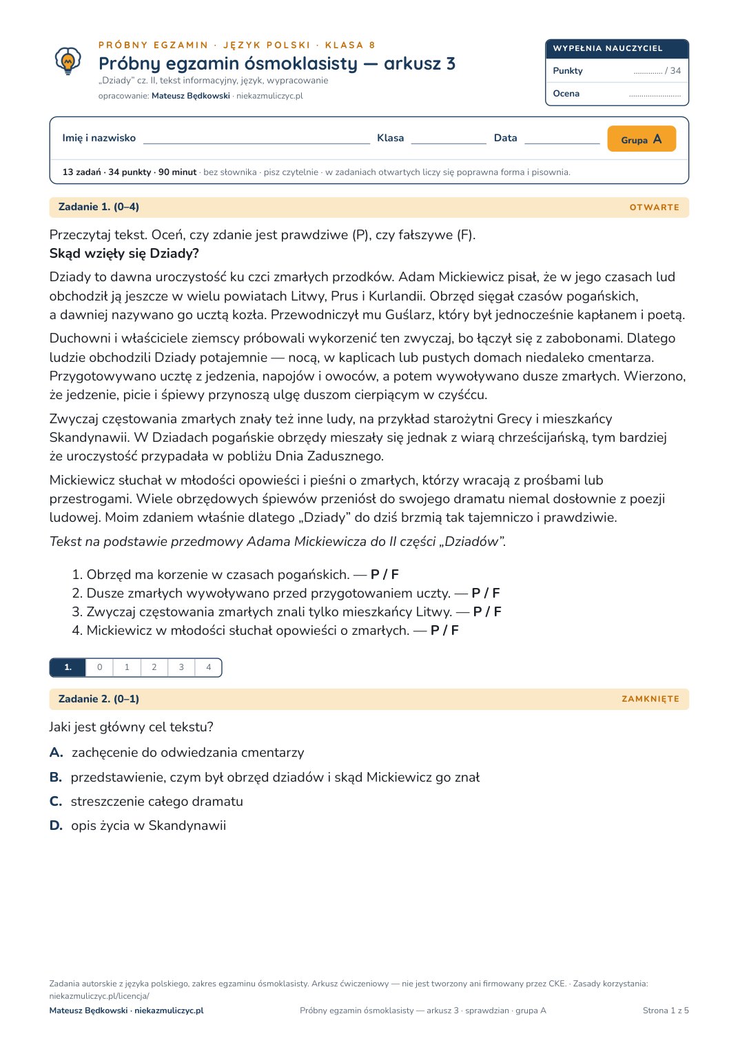 Okładka: Próbny egzamin ósmoklasisty, arkusz 3 — sprawdzian, polski kl. 8