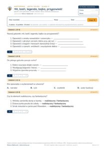 Mit, baśń, legenda, bajka, przypowieść — kartkówka, polski kl. 4 — pierwsza strona arkusza grupy A