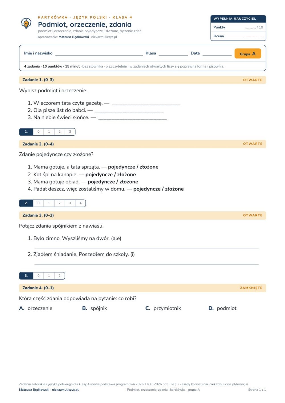 Podmiot, orzeczenie, zdania — kartkówka, polski kl. 4 — pierwsza strona arkusza grupy A