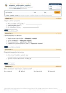 Podmiot, orzeczenie, zdania — kartkówka, polski kl. 4 — pierwsza strona arkusza grupy A