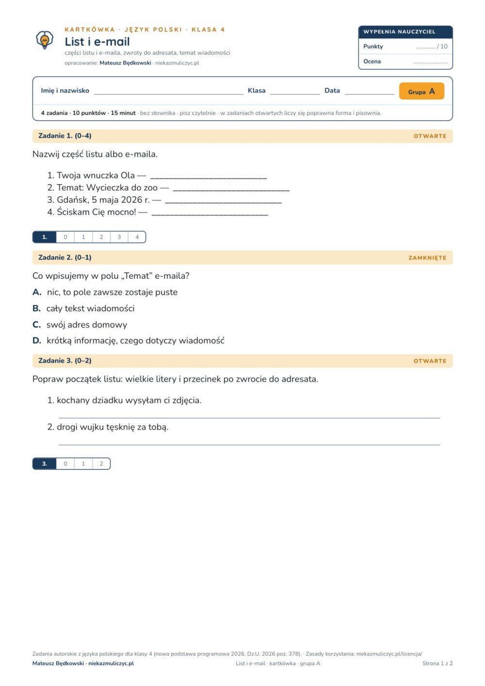 List i e-mail — kartkówka, polski kl. 4 — pierwsza strona arkusza grupy A