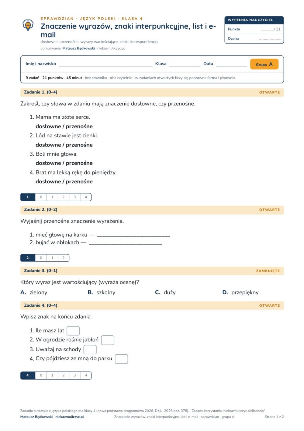 Znaczenie wyrazów, znaki interpunkcyjne, list i e-mail — polski kl. 4 — pierwsza strona arkusza grupy A