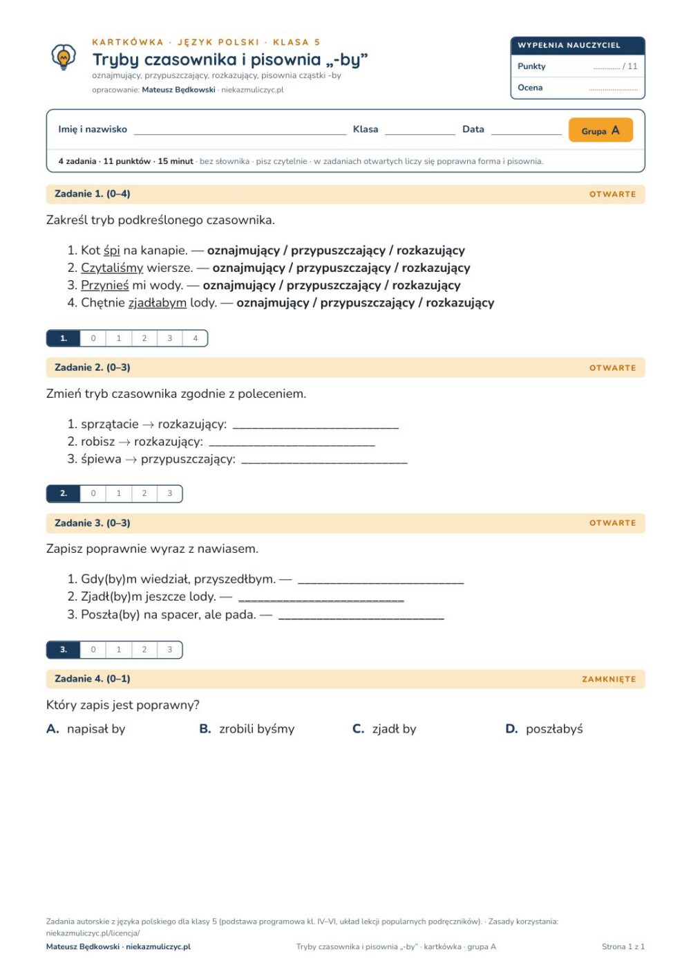 Tryby czasownika i pisownia „-by” — kartkówka, polski kl. 5 — pierwsza strona arkusza grupy A