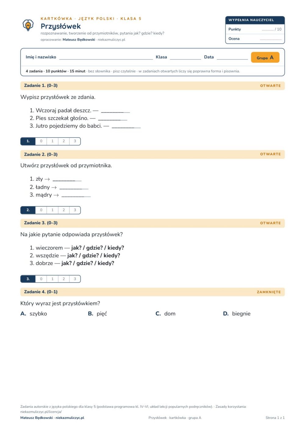 Przysłówek — kartkówka, polski kl. 5 — pierwsza strona arkusza grupy A
