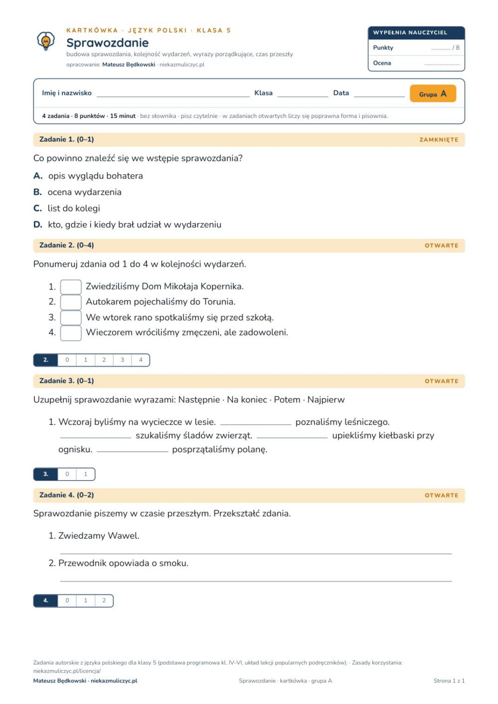 Sprawozdanie — kartkówka, polski kl. 5 — pierwsza strona arkusza grupy A