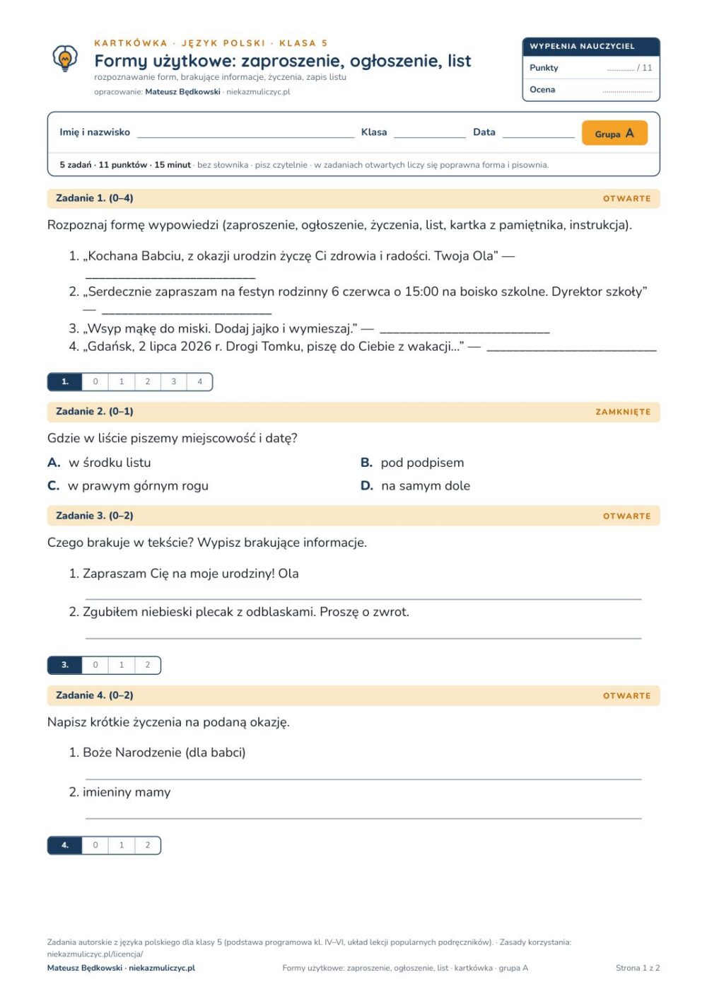 Formy użytkowe: zaproszenie, ogłoszenie, list — kartkówka, kl. 5 — pierwsza strona arkusza grupy A